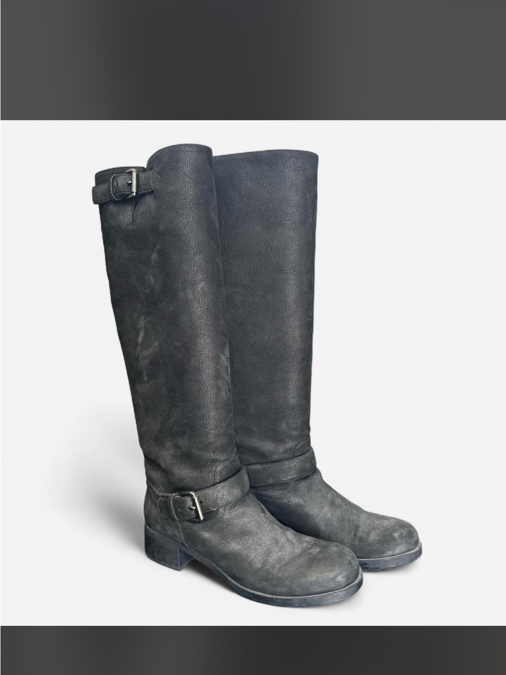 Prada Black Leather tall, the-Knee Buckle Boots